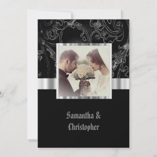 Black damask gothic wedding photo invitation