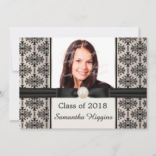 Black damask Graduation Commencement Invitation (Front)