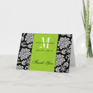 Black Damask Green Monogram Wedding Thank You Card