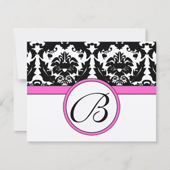 Black Damask Heart Swirl Bright Pink Trim RSVP (Front)