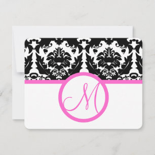 Black Damask Heart Swirl Bright Pink Trim RSVP Card