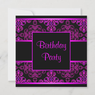 Black Damask Hot Pink Purple Birthday Party Invitation
