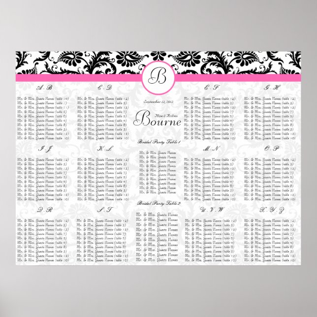Black Damask Hot Pink Trim Seating Chart (Front)