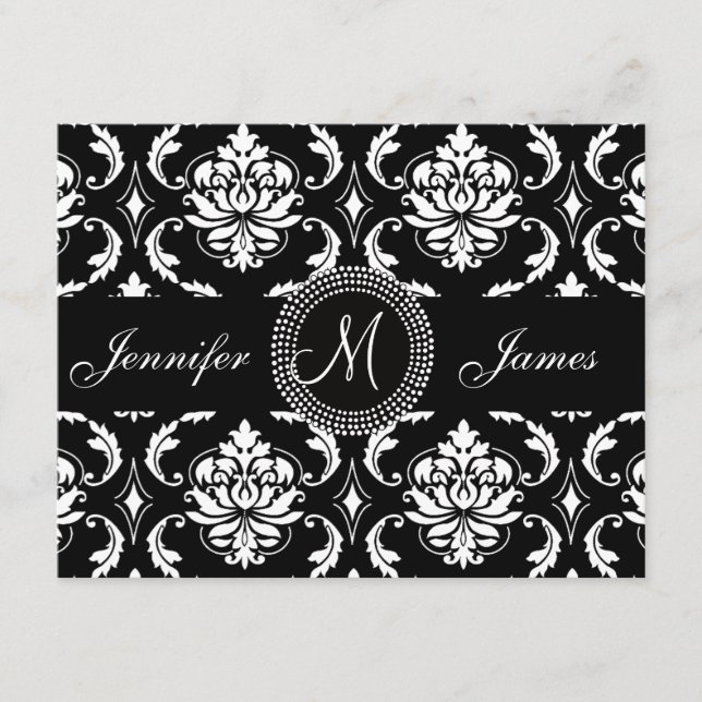 Black Damask Initial Wedding Reception Card (Front)