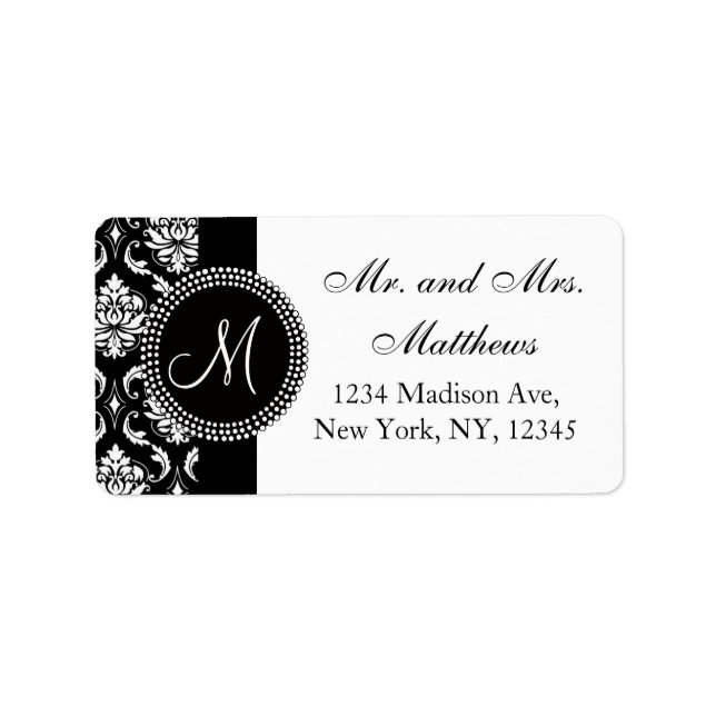 Black Damask Initial Wedding RSVP Address Label (Front)