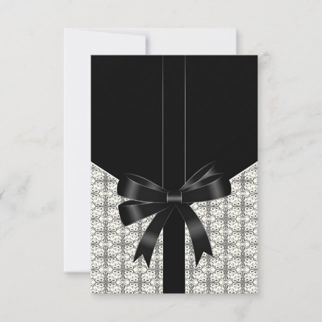 Black Damask Lace Bow Black Whtie RSVP Card (Front)