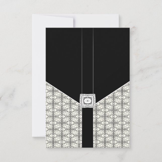 Black Damask Lace Diamond Wedding RSVP Cards (Front)