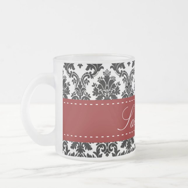 Black Damask Lace Frosted Glass Coffee Mug Cup (Left)