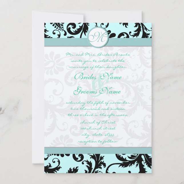 Black Damask Light Aqua Blue Wedding Invitation (Front)