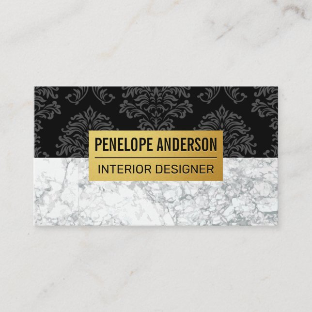 Black Damask Metallic Pattern | White Marble Business Card (Front)