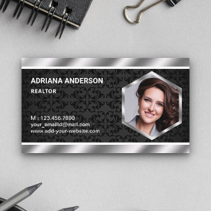 Black Damask Metallic Real Estate Photo Realtor Business Card