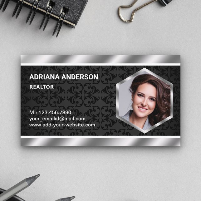 Black Damask Metallic Real Estate Photo Realtor Business Card (Creator Uploaded)