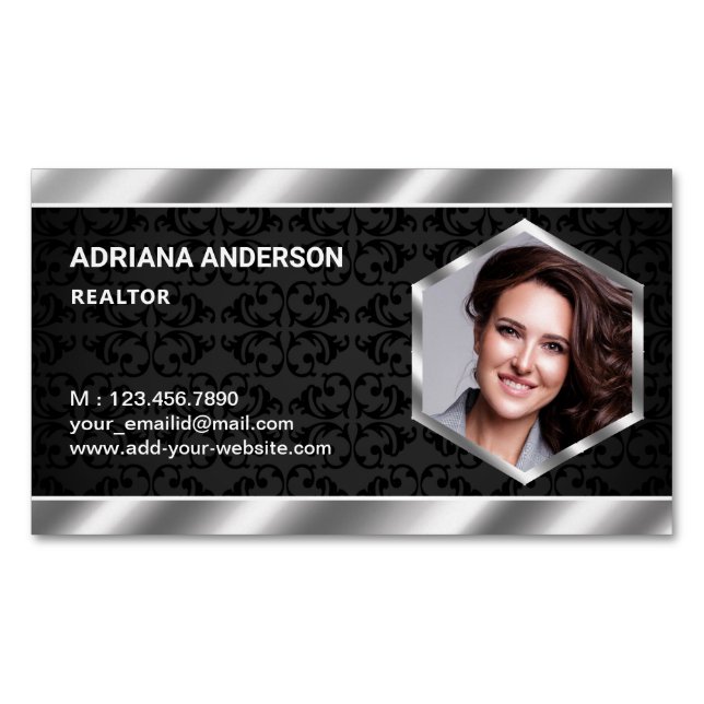 Black Damask Metallic Real Estate Photo Realtor Magnetic Business Card (Front)