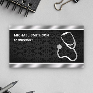 Black Damask Metallic Steel Stethoscope Doctor Business Card