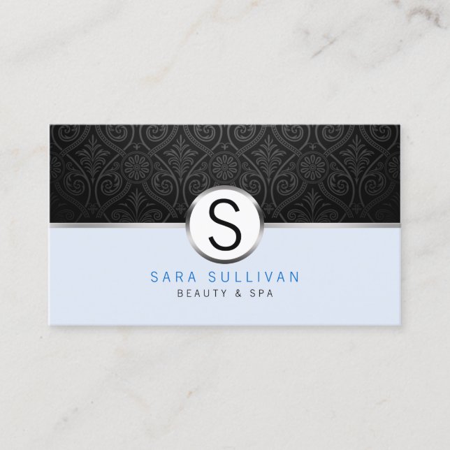 Black Damask Monogram Beauty Spa Business Card (Front)