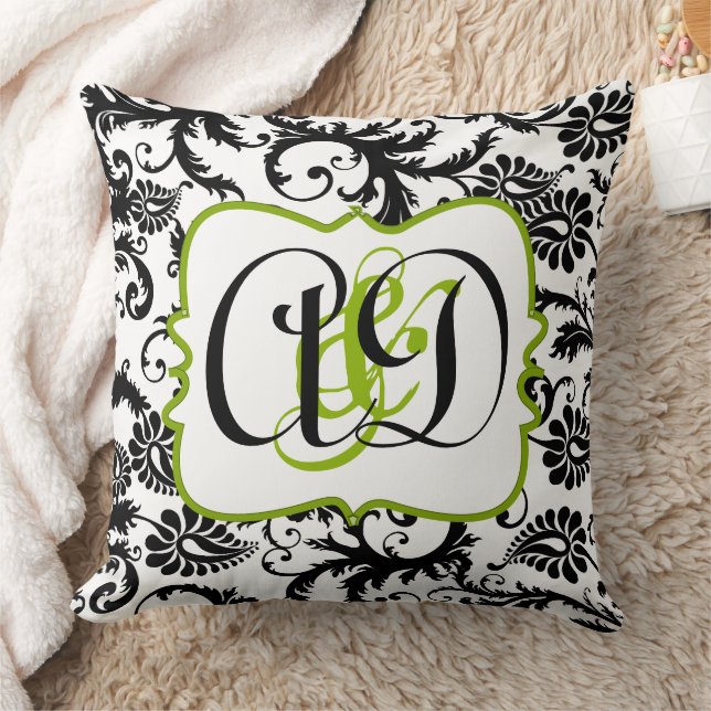 Black Damask Monogram Bride and Groom Pillow (Blanket)