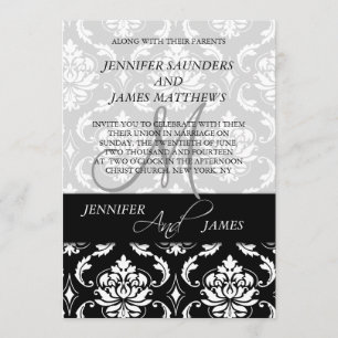 Black Damask Monogram Names Wedding Invitations