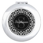 Black Damask Monogram Personalised Compact Mirror