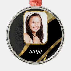 Black damask monogram photo template metal tree decoration