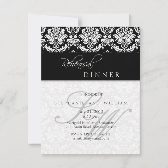 Black Damask Monogram Rehearsal Dinner Card (Front)