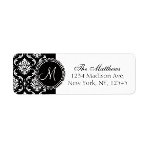 Black Damask Monogram Return Address Label