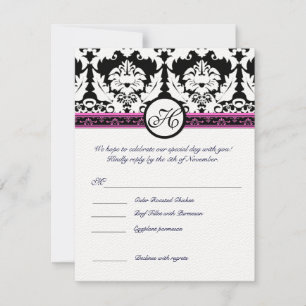 Black Damask Monogram RSVP Reply With Menu Invitation