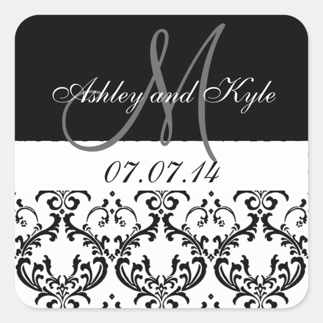 Black Damask Monogram Save the Date Stickers (Front)