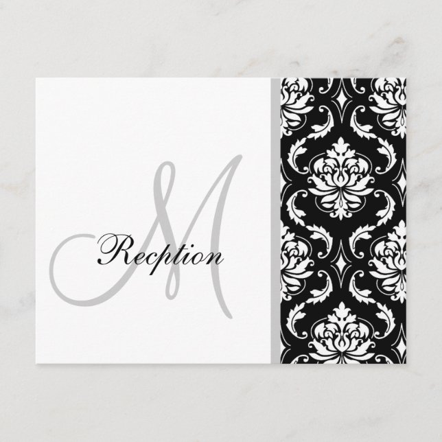 Black Damask Monogram Wedding Reception Cards (Front)