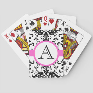Black Damask Monogramed Pink Wedding Playing Card