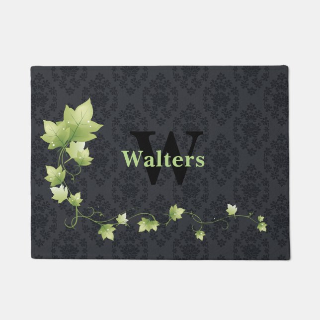 Black Damask Monogrammed Door Mat (Front)
