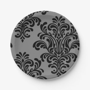 Black Damask on Grey Pattern Paper Plate