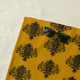 Black damask on mustard yellow pattern beach towel