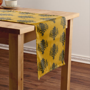 Black damask on mustard yellow pattern medium table runner