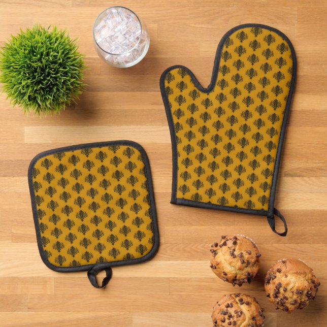 Black damask on mustard yellow pattern oven mitt & pot holder set (Top Down)