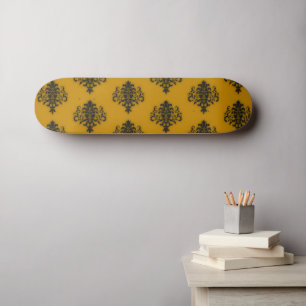 Black damask on mustard yellow pattern skateboard