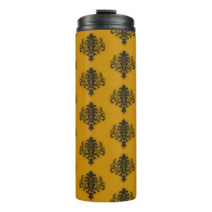 Black damask on mustard yellow pattern thermal tumbler