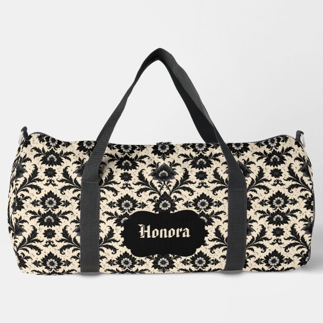 Black Damask on Sepia Duffle Bag (Front)