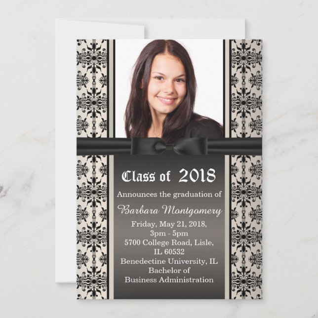 Black damask on silver Graduation Party Invite (Front)