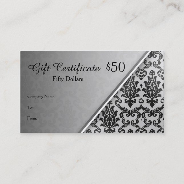 Black damask on silver grey Gift Certificate (Front)