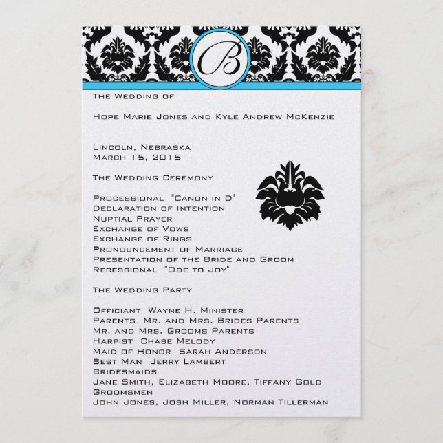 Black Damask On White Aqua Trim Wedding Program Programme (Front)