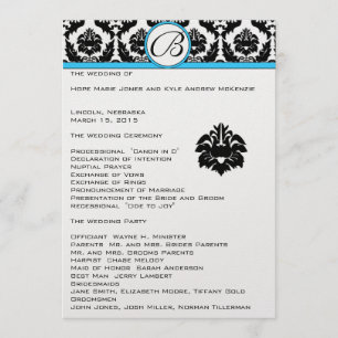 Black Damask On White Aqua Trim Wedding Program Programme
