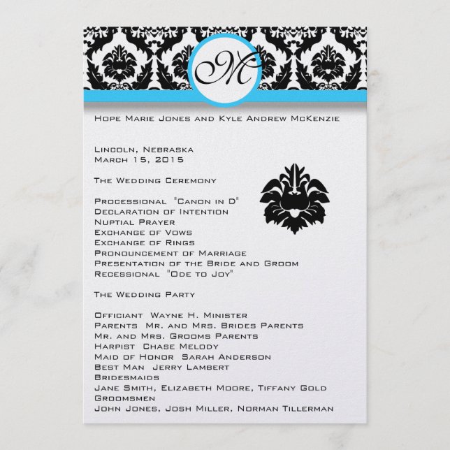 Black Damask On White Aqua Trim Wedding Program Programme (Front)