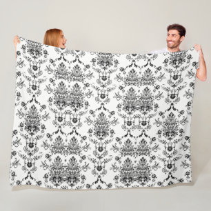 Black Damask on White Fleece Blanket