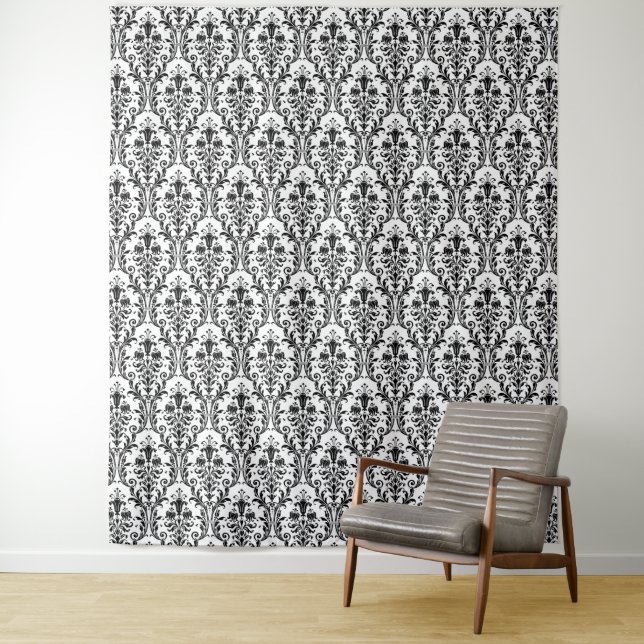 Black Damask on White Floral Chic Elegant Backdrop Tapestry (In Situ)