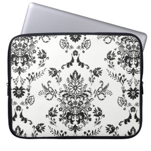 Black Damask on White Laptop Sleeve