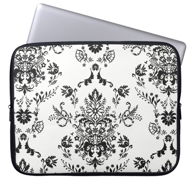Black Damask on White Laptop Sleeve (Front)