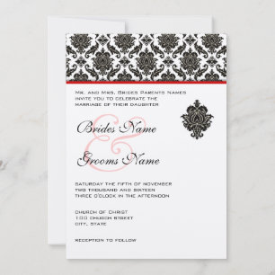 Black Damask On White Red Trim Wedding Invitation