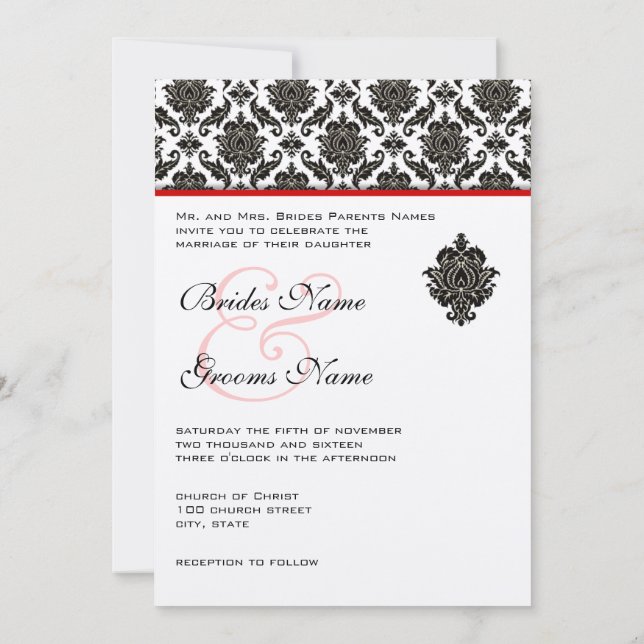Black Damask On White  Red Trim Wedding Invitation (Back)