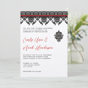 Black Damask On White Red Trim Wedding Invitation