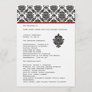 Black Damask On White  Red Trim Wedding Program Programme